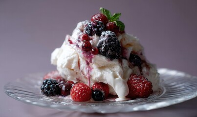 Delicious icy kyerschekh topped with fresh berries served elegantly on a crystal plate against a soft lilac backdrop
