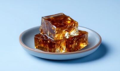 Gelatinous kholodets with moose meat elegantly served on a soft grey-brown plate against a cool arctic blue background