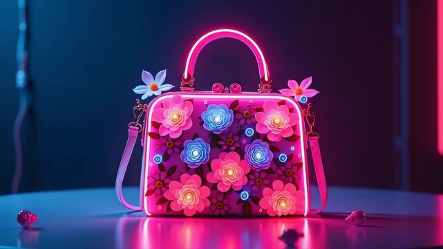 Stylish handbag with neon pink flowers and lights.  Elegant handbag design perfect for spring fashion. This handbag is ideal for fashion blogs and social media posts.