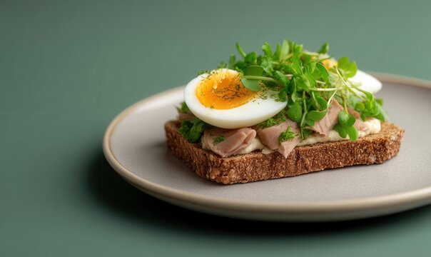 Buttery Flatkaka with Smoked Lamb and Egg served on a Pearl Grey Plate for Fjord Breakfast Delight
