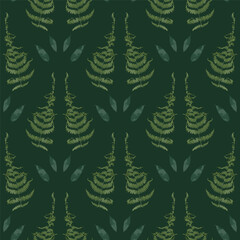 Seamless pattern with dried green fern leaves on dark background. Wild forest plant wallpaper. Boho botanical texture. Ecological and natural design.