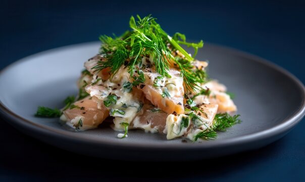 Gamey stroganina served on a contemporary matte steel grey plate against a soft blue backdrop with fresh herbs