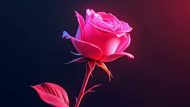 Single pink rose with vibrant color lighting. Rose flower stem and leaves illuminated with neon colors. Romantic rose image ideal for Valentine's Day cards, wedding invitations,