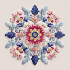 Elegant floral embroidery design featuring intricate patterns and vibrant colors, showcasing beautiful blend of blue, pink, and white hues. This artwork evokes sense of artistry and craftsmanship