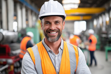 a portrait of an industrial worker smiling in front of machine