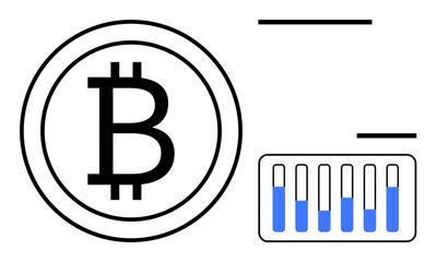 Bitcoin symbol next to a vertical bar chart displaying blue metrics. Ideal for cryptocurrency, blockchain, digital finance, investment, analytics, trading, simple landing page