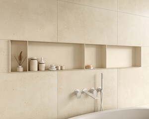Cream-colored recessed bathroom wall niche with shelving, seamlessly integrated into soft beige cabinetry. Elegant and functional design. 3D Rendering by VIZPAIR. 3D product visualizations