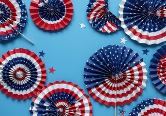 Obraz premium Patriotic pinwheels with stars and stripes on a blue background