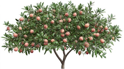 Lush Peach Tree Branch with Ripe Fruits Isolated on White Background