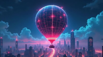 Futuristic hot air balloon soaring above city skyline at night.  Illuminated balloon with digital grid pattern floats over futuristic cityscape. - Powered by Adobe