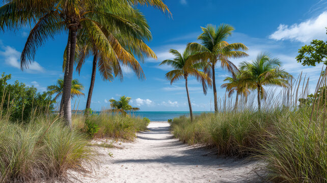 a sandy path lined with palm trees leading on the beach