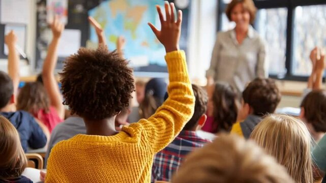 Eager Hands in the Classroom: Capturing the vibrant energy of eager young students raising their hands in a classroom, reflecting their curiosity and engagement as the educator smiles and encourages