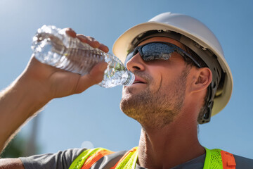 a construction worker drinking water