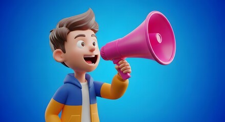 Cartoon Boy Announcing with Megaphone 3D Render, Fun, Colorful Illustration
