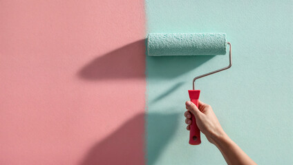Paint roller applying minty green paint over the pink wall. Manual labor, diy, professional work minimalistic background. 