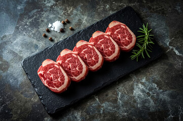 Fresh uncooked lamb loin chops are artfully presented on a textured dark slate Garnished with rosemary sprigs whole peppercorns and coarse sea salt ready for preparation