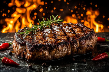 A perfectly grilled steak glistening with juices and seasoned with coarse salt and fresh rosemary is presented with vibrant red chili peppers and peppercorns