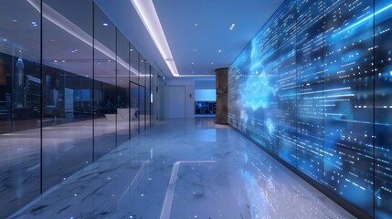 Modern interior with digital wall art and glass partitions creates a high tech futuristic architectural design.