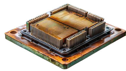 Close up of a weathered golden computer processor heatsink with copper fins and metal casing isolated on a transparent background