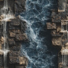 seamless background texture waterfall captures the dynamic flow of water over rugged rocks, showcasing vibrant shades blue and intricate details chaotic movement, ideal for design generative ai