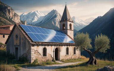 Fototapeta premium Abandoned church roof covered with solar panels