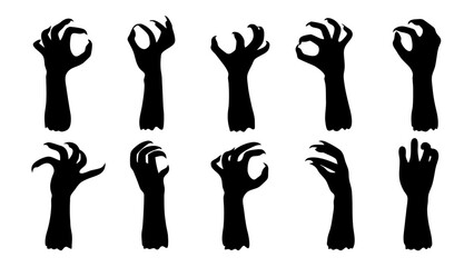 Set of doodle zombie hands silhouette.