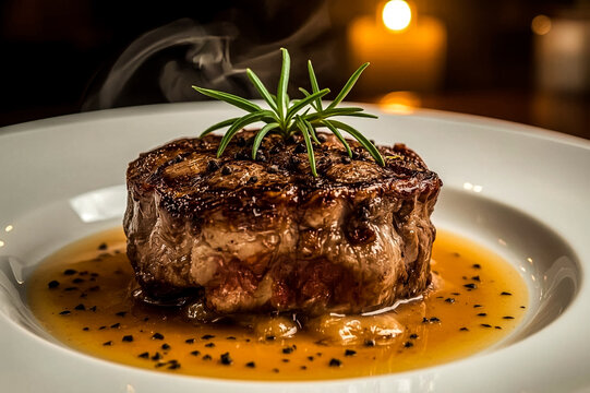 A succulent pan-seared steak rests in a glistening sauce on a white plate Topped with fresh rosemary and cracked black peppercorns it emits a gentle steam