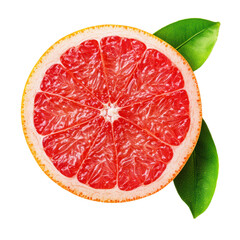 Freshly sliced pink grapefruit with green leaves
