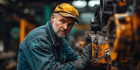 Machinist inspecting heavy machinery in industrial setting with weathered denim jacket and protective gloves maintenance job