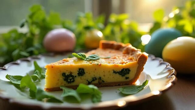 Easter quiche slice with spinach and herbs on plate. Festive Easter quiche features tender crust, creamy filling, and fresh spinach. This Easter quiche recipe is perfect for brunch, family gatherings,