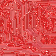seamless close-up view of circuit board pattern featuring white lines on vibrant red background. high-contrast design showcases detailed technological elements in flat style generative ai