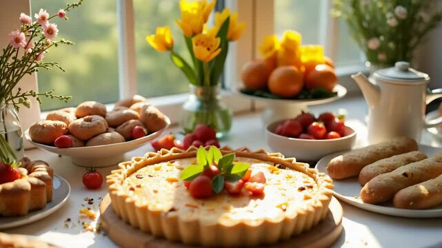 Delicious spring breakfast with strawberry tart and pastries. Spring breakfast includes sweet pastries, fresh strawberries, and creamy tart.