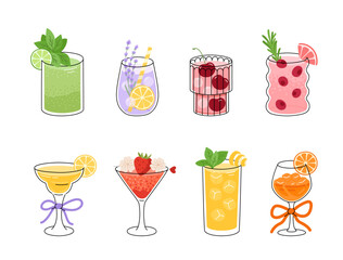 Set of cold sumemr drinks. Sweet refreshment beverages. Lemon, grapefruit, orange, lime, cherry, mint, rosemary, strawberry, cranberry, lavender cocktails. Isolated flat vector illustration