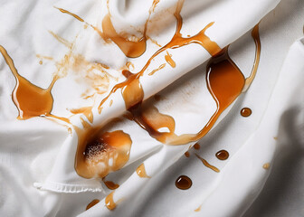 Coffee, chocolate, liquid stains isolated on a white fabric background. Royalty high-quality free stock photo image of Coffee, tea stains spill. Round coffee stain isolated, cafe splash fleck drink