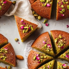 seamless charming traditional french olive oil cake features rose water, topped with pistachios and pink petals, creating inviting, elegant dining atmosphere on soft linen generative ai