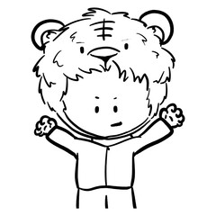 Boy in a tiger costume outline drawing, animal role play drama cartoon illustration