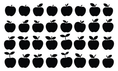 Fototapeta premium Apple silhouette set, Thirty black apple silhouettes arranged in rows a simple fruit silhouette pattern