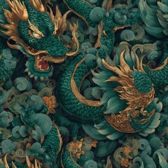 seamless intricate and detailed chinesse dragons are showcased in wallpaper design. the rich colors patterns create dynamic atmosphere perfect for various backgrounds generative ai