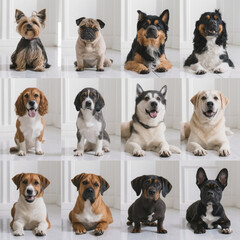 Group of cute dogs and puppies collage on white background