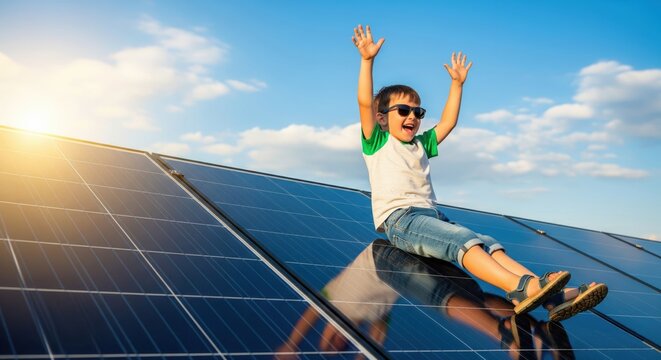 Happy european boy wearing sunglasses sliding down glossy solar panel with raised arms on sunny day, copy space - Powered by Adobe