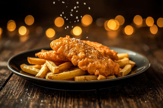 A close-up shot of a plate filled with golden crispy battered fish and thick-cut chips Sea salt is being sprinkled over the fish with a bokeh background of warm lights - Powered by Adobe