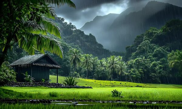 Rain falling in a tropical landscape hut