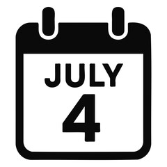 A black and white calendar icon showing the date of july fourth for independence day holiday on transparent background
