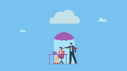 Businessman shelters, protect businesswoman from rainstorm. Employee care benefit, worker insurance or protection, boss or manager to protect team and colleagues, leader or boss to help employee.