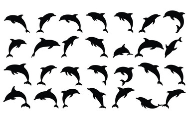 Dolphin silhouette, Dolphin silhouettes set, Set of dolphin silhouette isolated on white background