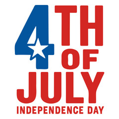 Fourth of july celebration graphic with red and blue text and a white star design element on transparent background