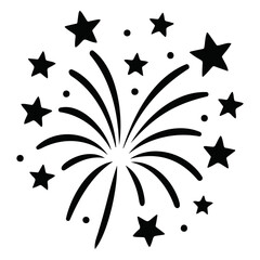 Illustration of a firework burst with radiating lines and scattered stars and small dots around it on transparent background