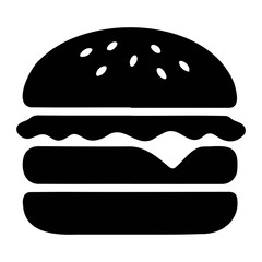 Illustration of a burger with sesame seeds on the bun in solid black and white color on transparent background