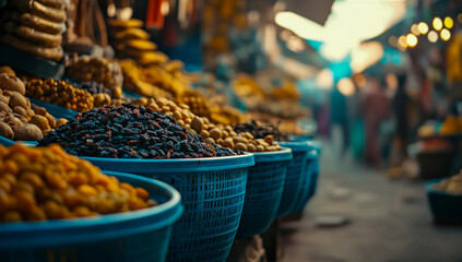 Bright and colorful street food stalls feature an array of vibrant fresh fruits and dried fruits artistically displayed in attractive blue baskets,