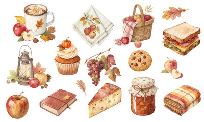 Watercolor Autumn Picnic Clipart with Food, Apples, Blanket, and Cozy Details